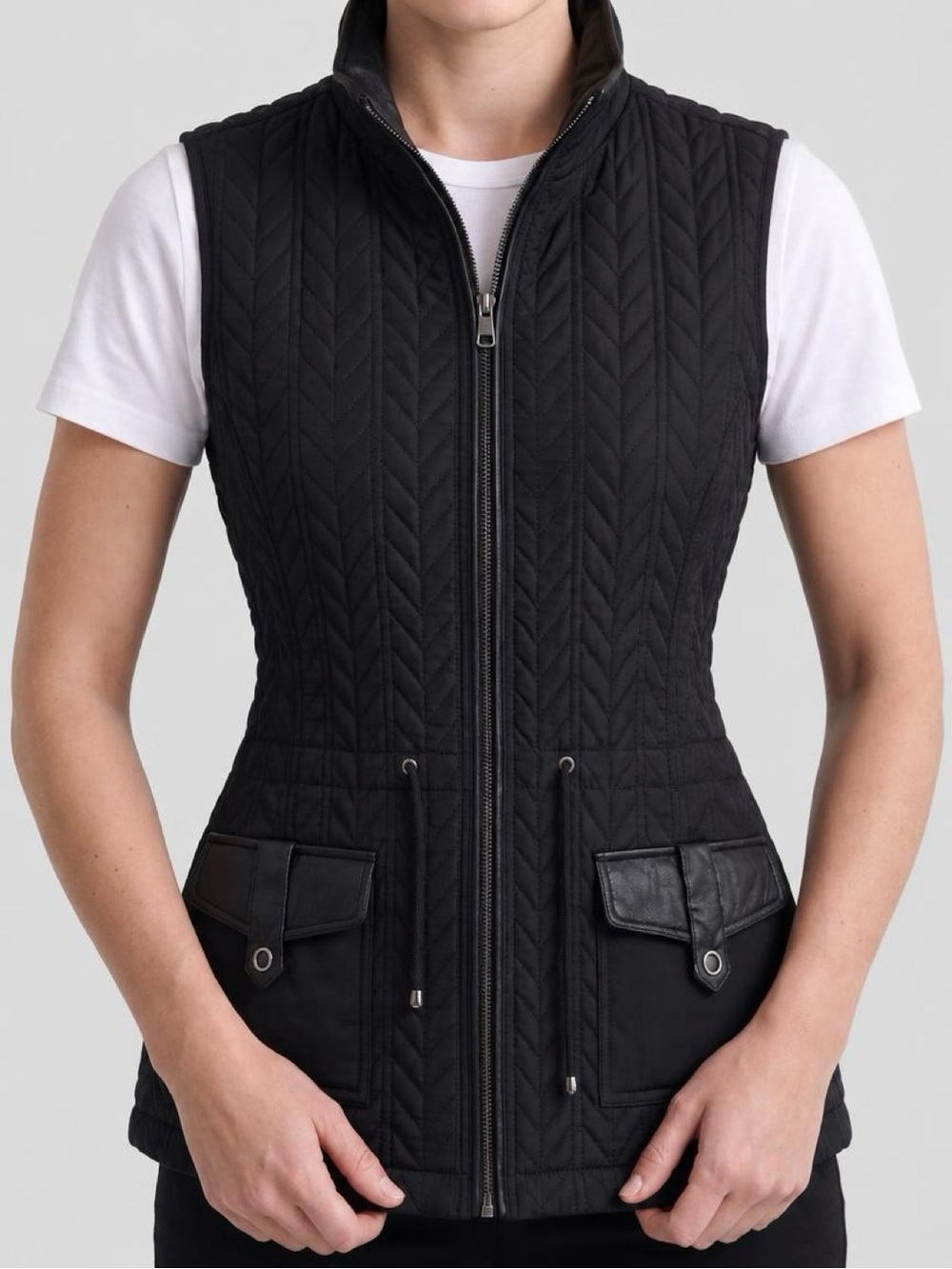 Mountain Lake Black Quilted Utility Vest Faux Leather Trim Size Small